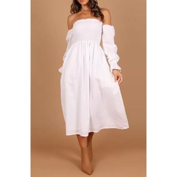 Petal and Pup Size Medium Off Shoulder Long Sleeve White Midi Dress Bridal - Picture 3 of 16